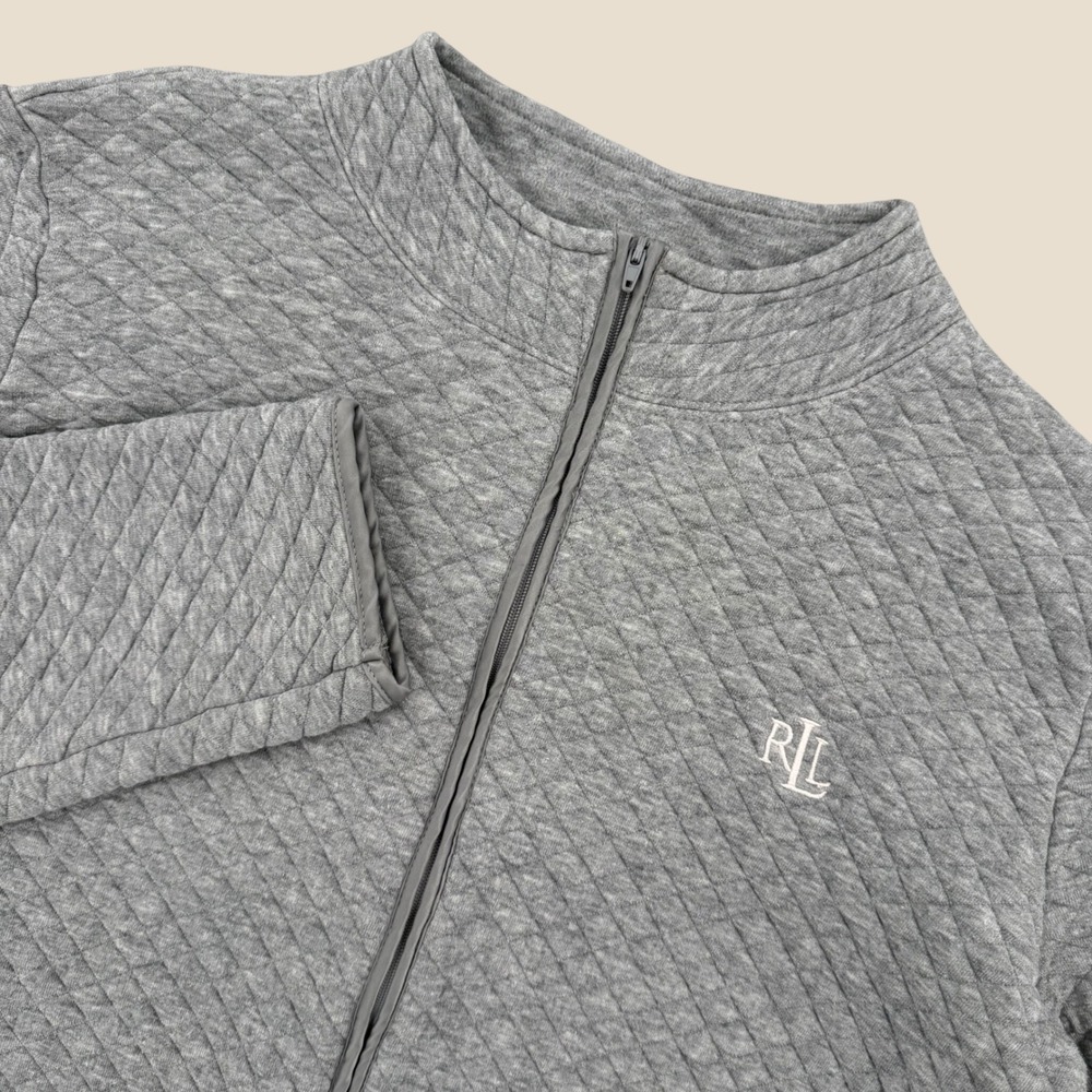 Lauren Ralph Lauren Heather Gray Quilted Full Zip Mock Neck Logo Jacket Womens L